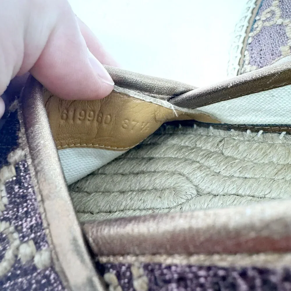 Gucci GG Logo Lurex Lamé Espadrilles Brown Beige Monogram Flats EU 37.5 US 7.5 - Picture 12 of 14